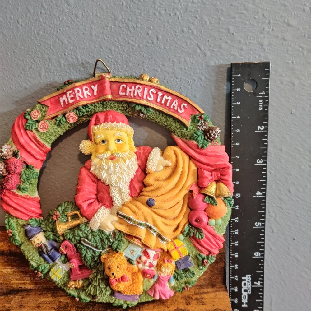 Santa Wreath Plaque Painted Vintage Wall Christmas Decor Holiday Toys Merry